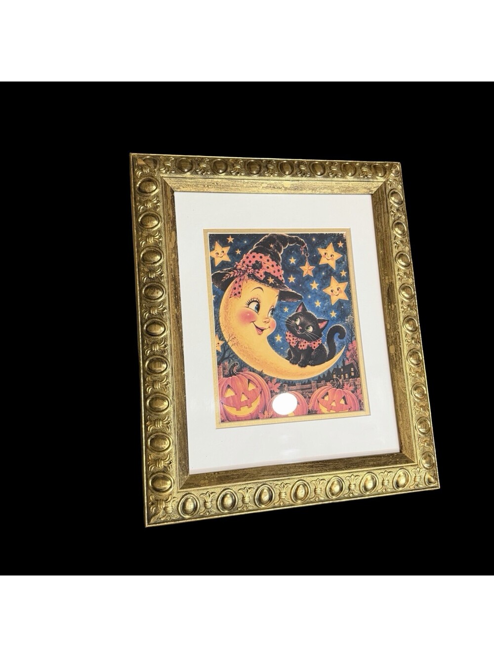 Upcycled Anthropomorphic Half Moon Black Cat Halloween Kitschy Framed Wall Art